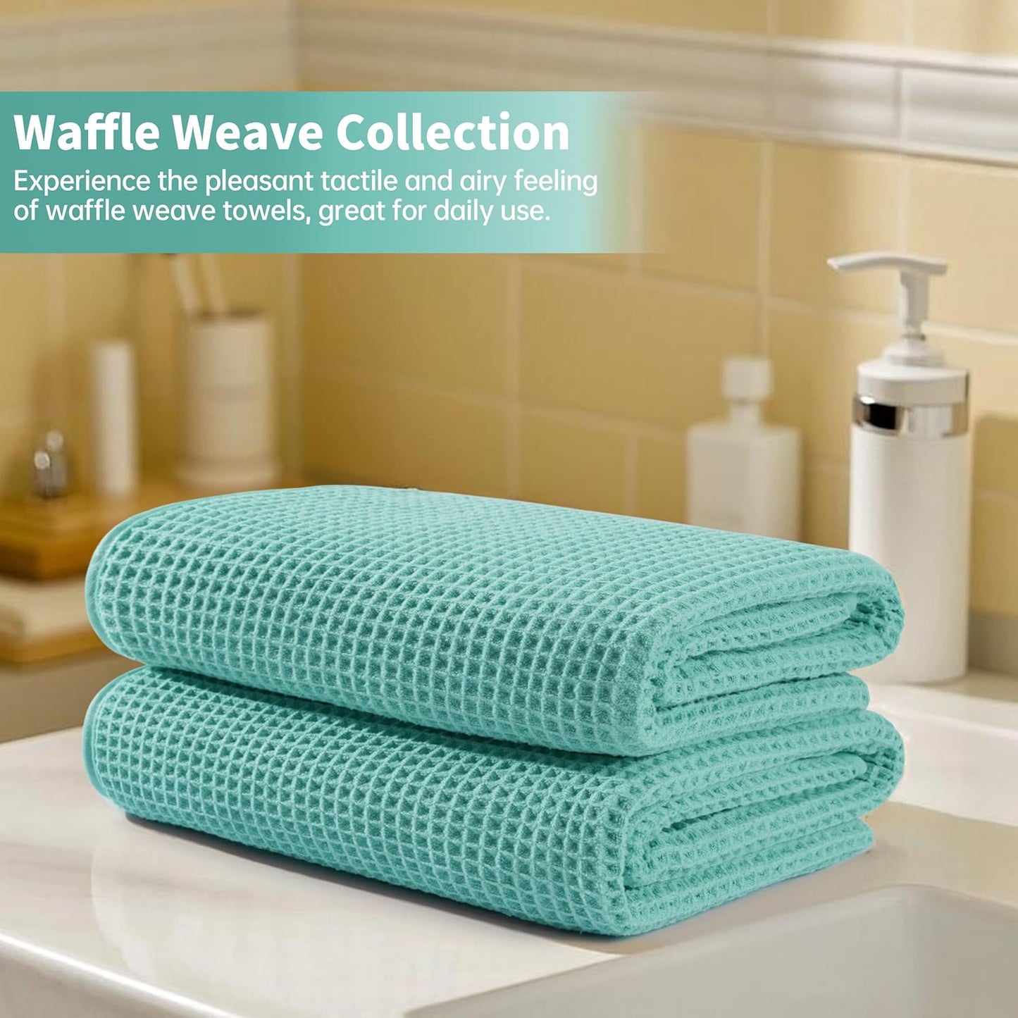 New Microfiber Waffle Bath Towels, 2 Pieces, Oversized, Soft, Absorbent, Fast Drying, Lint Free (Turquoise)