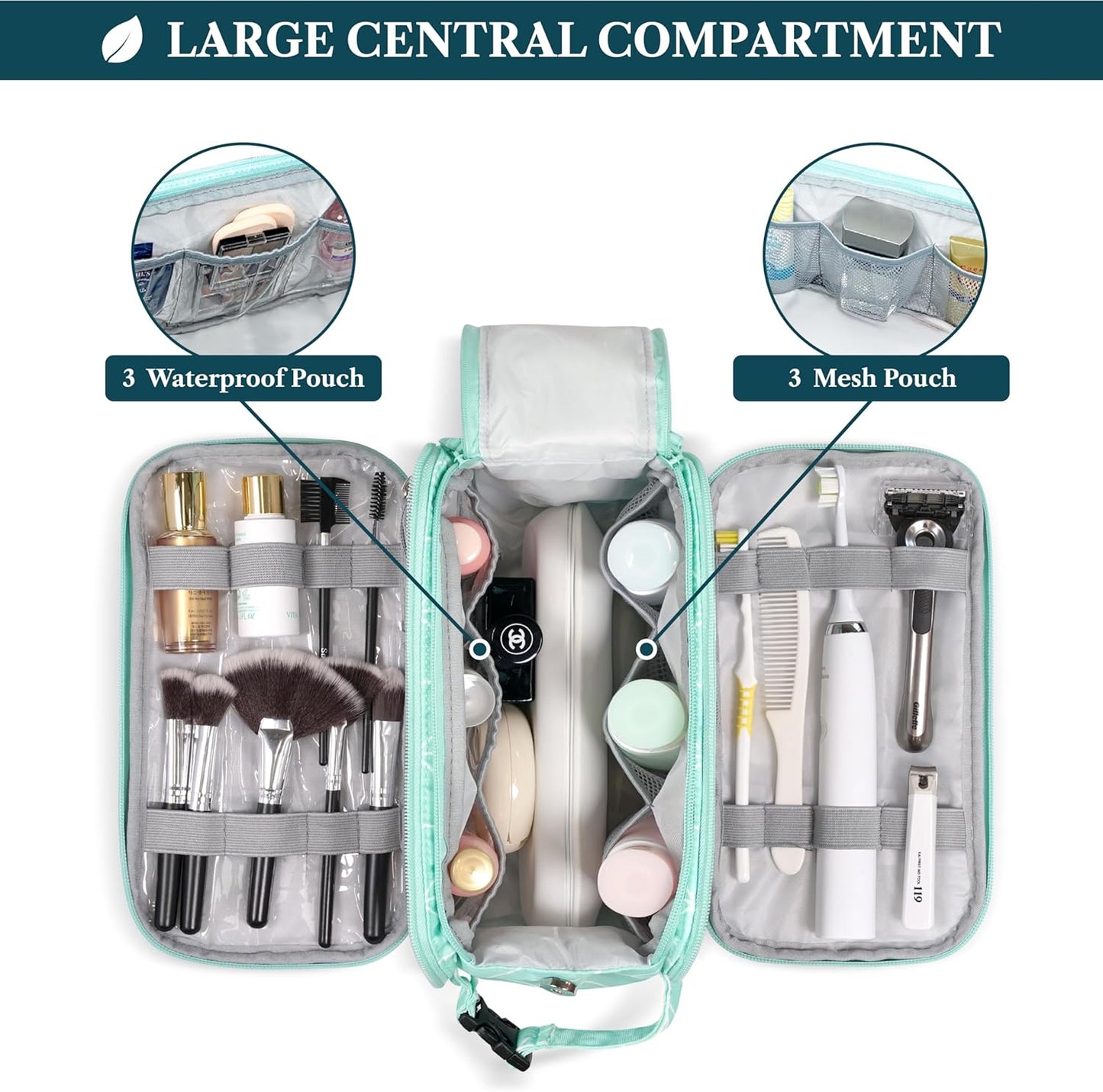 PAVILIA Large Toiletry Bag for Men Women, Mens Travel Bag Toiletries Organizer Case for Grooming, Travel Essentials Shaving Dopp Kit, PU Leather Water Resistant Cosmetic Pouch, Teal Chevron