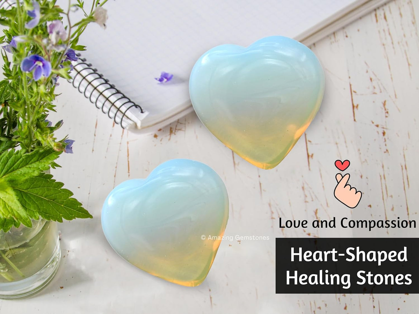 Opalite Crystal Heart Palm Stone - Pocket Massage Worry Stone for Natural Body Chakra Balancing, Reiki Healing and Crystal Grid