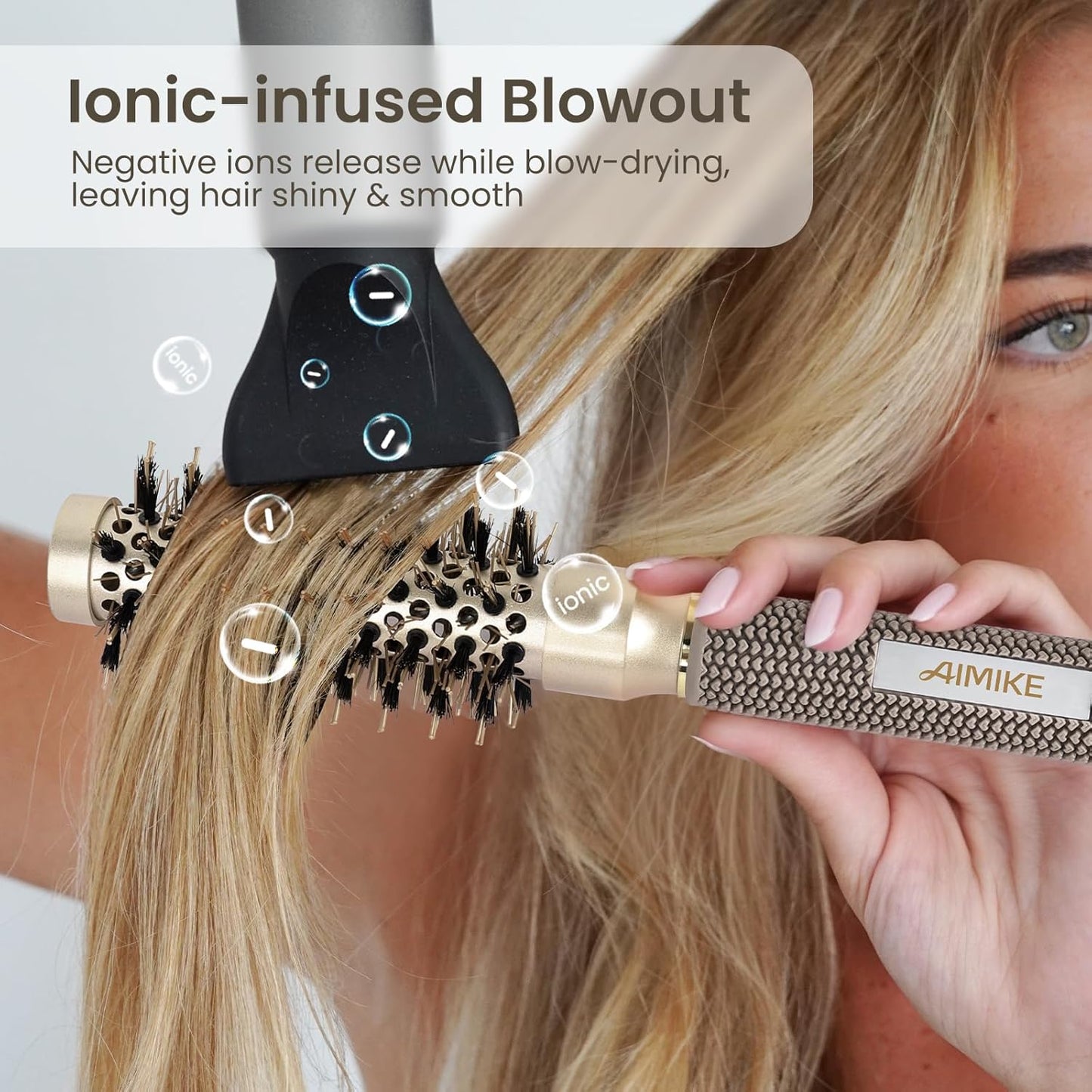 AIMIKE Round Hair Brush, 1 inch Barrel with Boar Bristles, Nano Thermal Ceramic & Ionic Tech, for Blow Drying, Styling, Curling and Shine + 4 Clips (Gold, Unisex, Fine Hair, Short Hair, Anti-Frizz)
