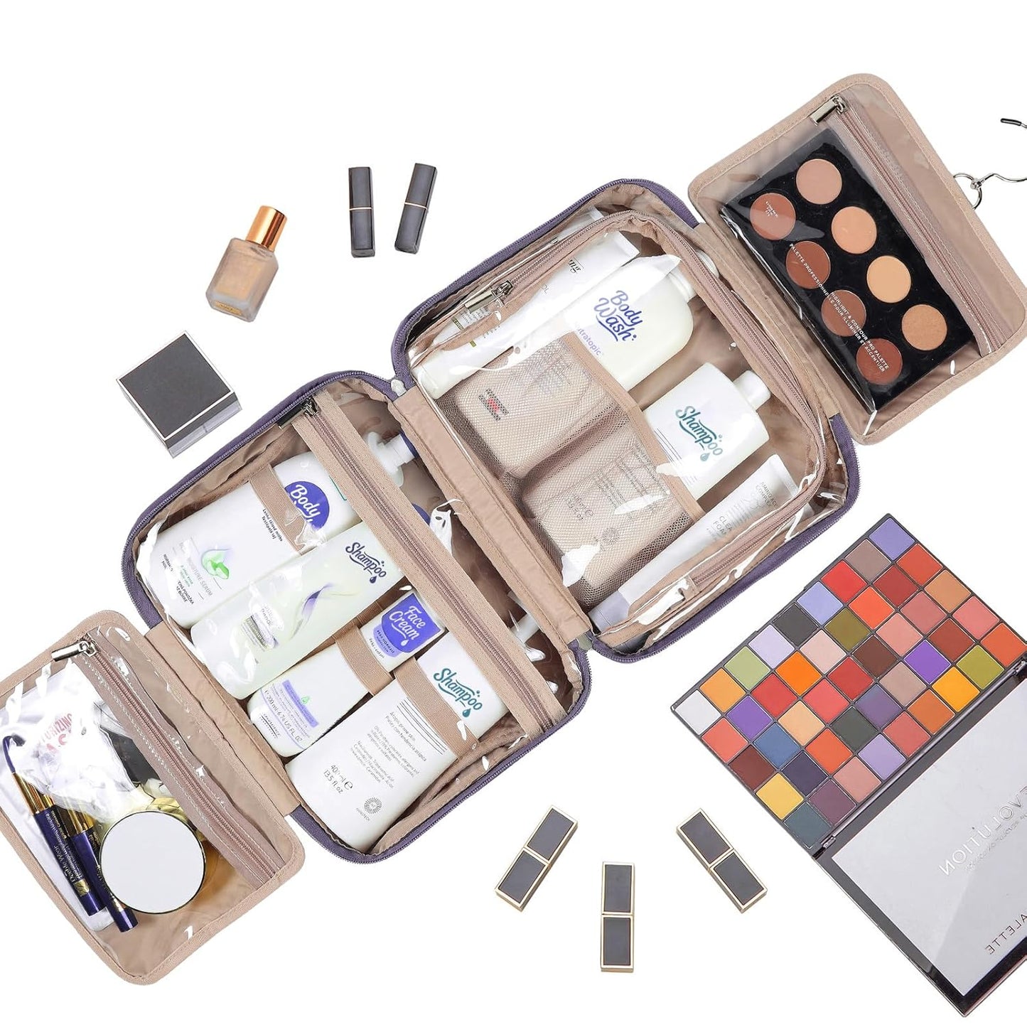 NISHEL Travel Toiletry Bag for Women Large Capacity, Makeup Essentials Organizer, Hanging Case for Accessories, Cosmetics, Purple