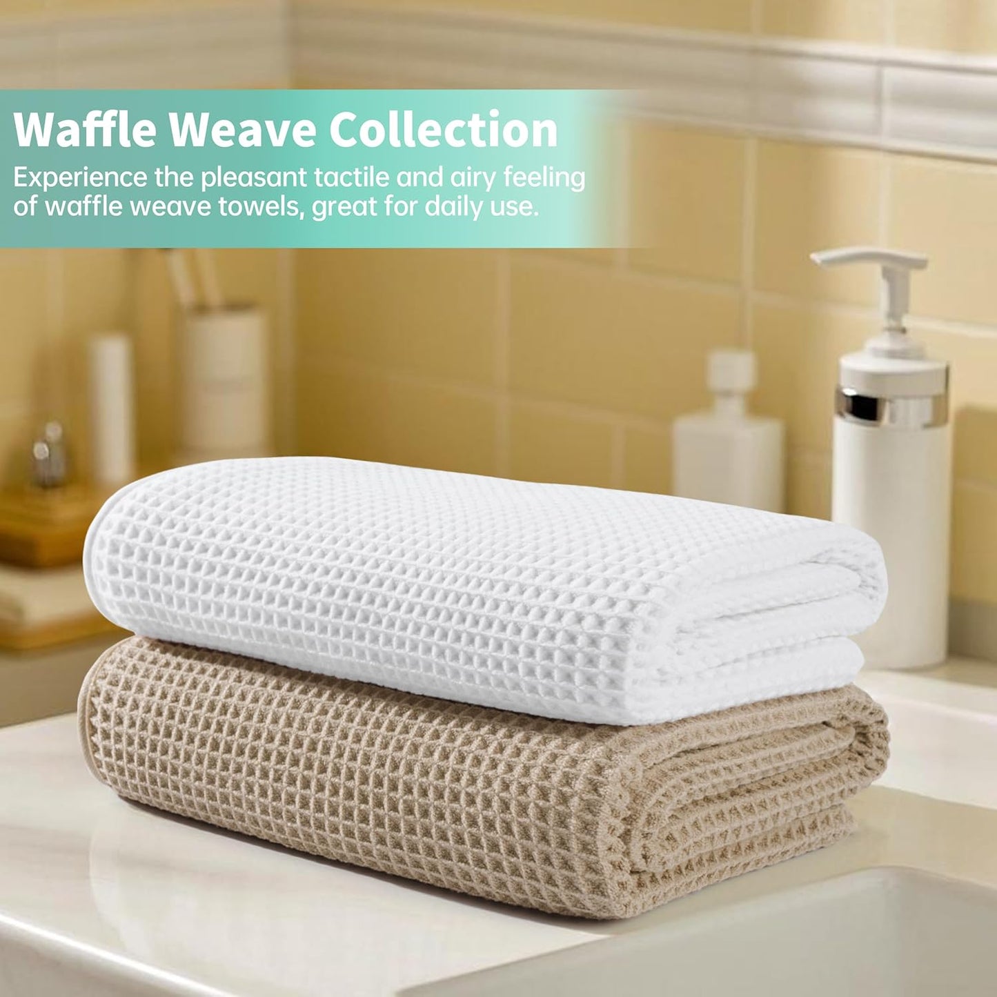 New Microfiber Waffle Bath Towels, 2 Pieces, Oversized, Soft, Absorbent, Fast Drying, Lint Free (Beige+White)