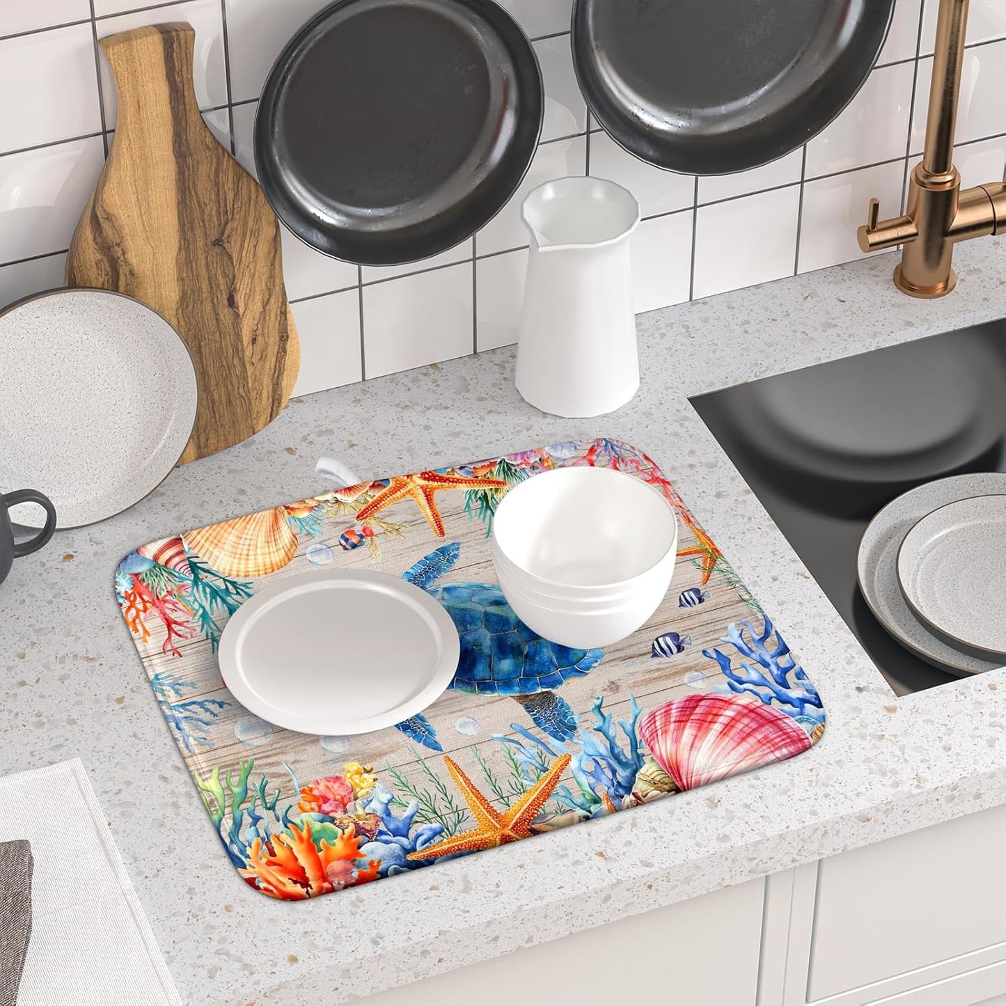 Sea Turtle Dish Drying Mat 16x18 inch Tropical Ocean Fast Dry Absorbent Microfiber Dishes Drainer Rack Pad for Countertop Bar Table Decor