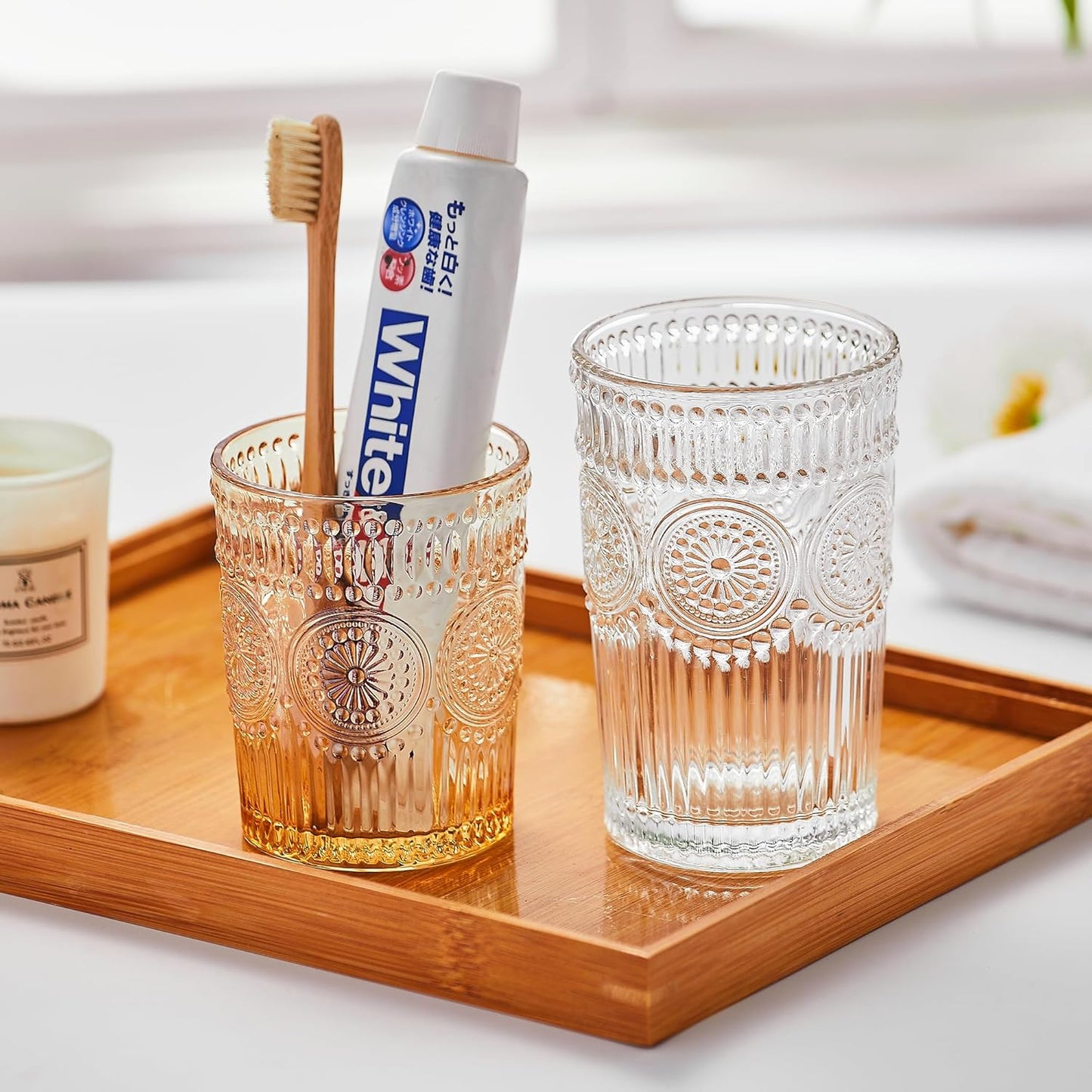 Foaming Hand Soap Dispenser, Glass Foam Toothbrush Holder, Refillable Liquid Lotion Dispenser (S-Gold-Lotion)