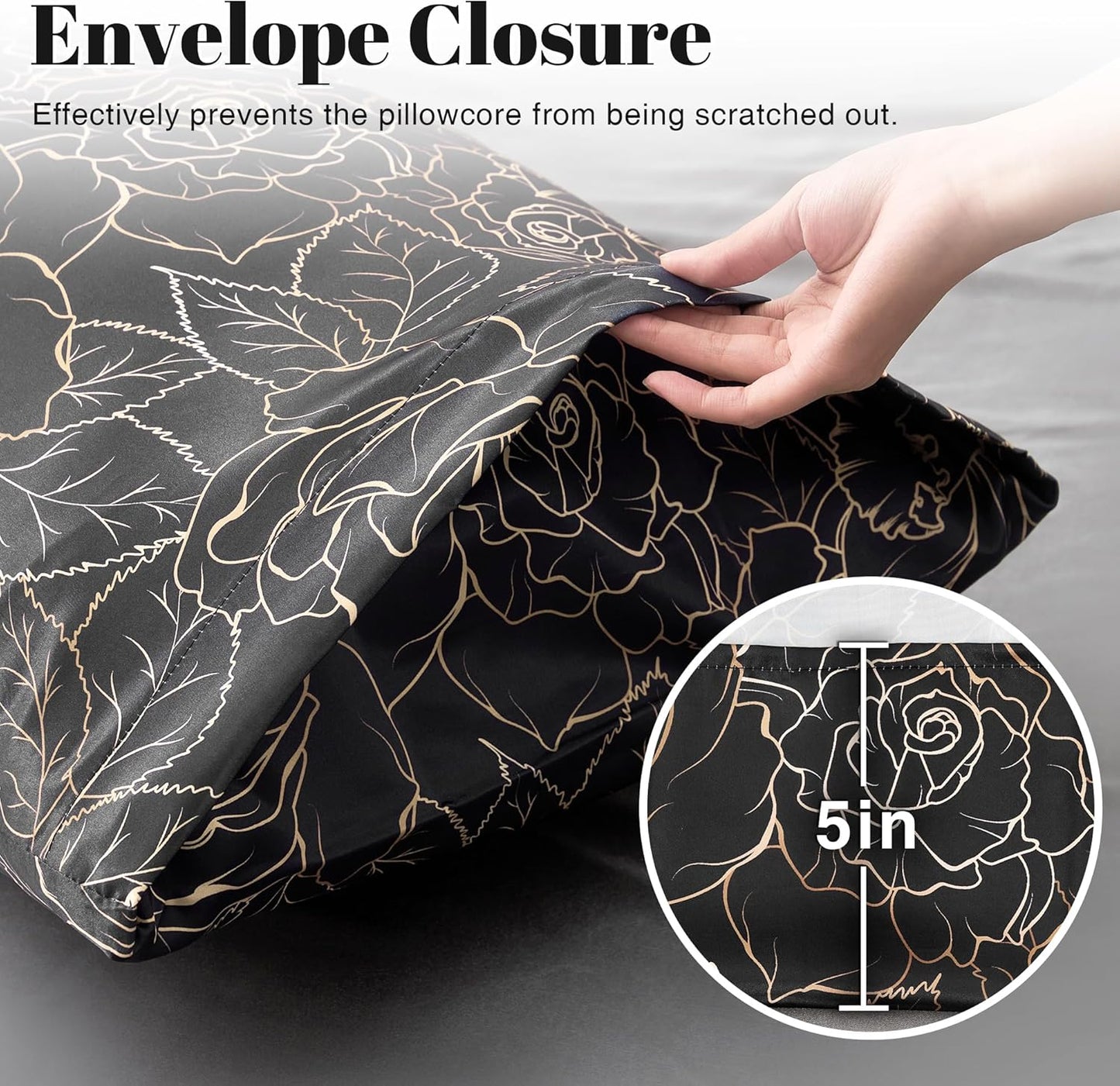 EXQ Home Satin Pillowcase for Hair and Skin- Rose on Black Silk Pillowcase 2 Pack 20x40 inches - King Size Pillow Cases with Envelope Closure, Gifts for Women