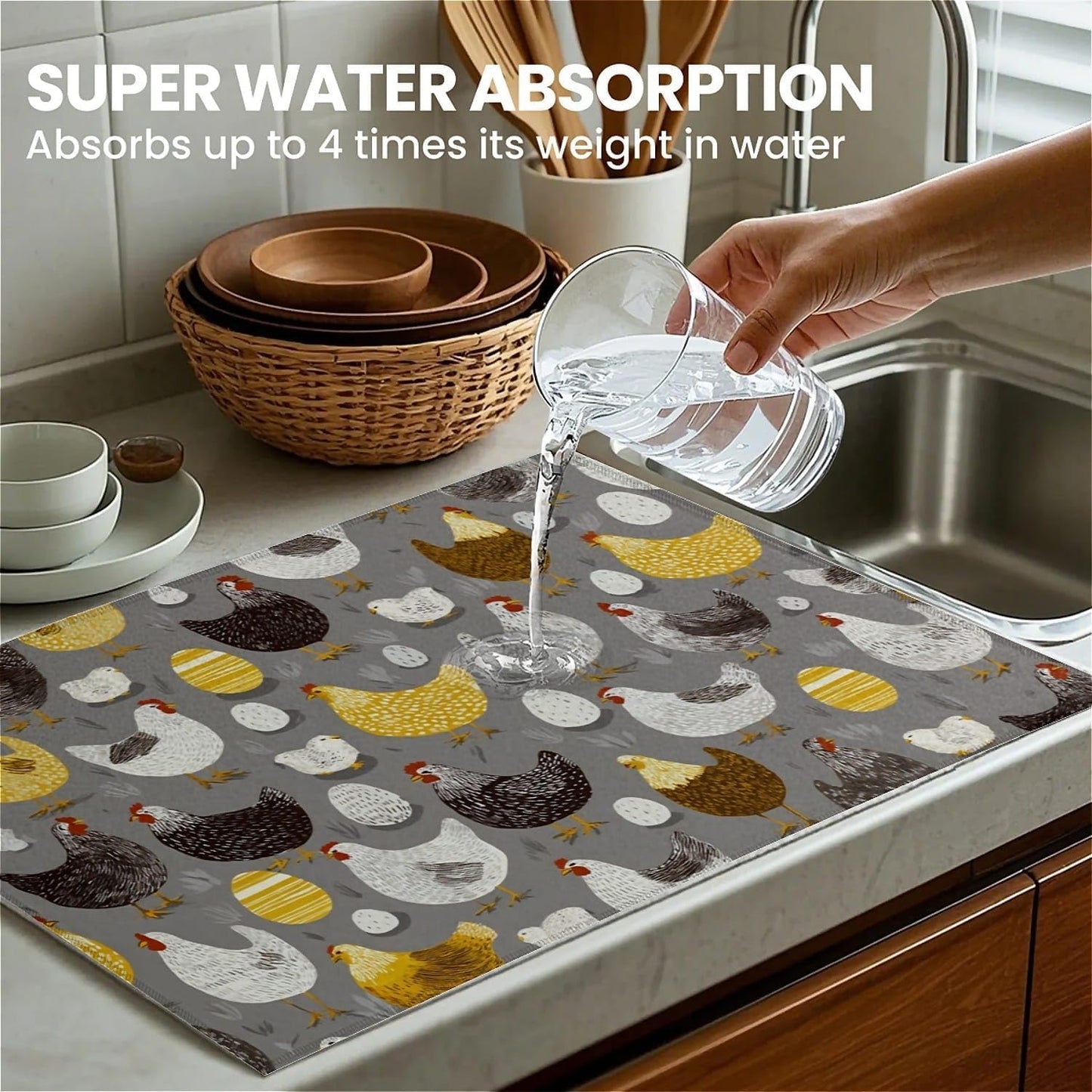 Dish Drying Mat For Kitchen Counter, Hens Roosters Chicken Microfiber Absorbent Dish Drainer Rack Pad Reusable Large 18x24in Drying Mat