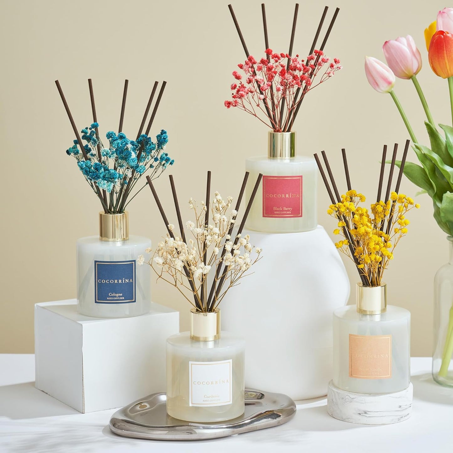 Cocorrína Reed Diffuser - Warm Vanilla Scented Diffuser with 8 Sticks Home Fragrance Reed Diffuser for Bathroom Shelf Decor