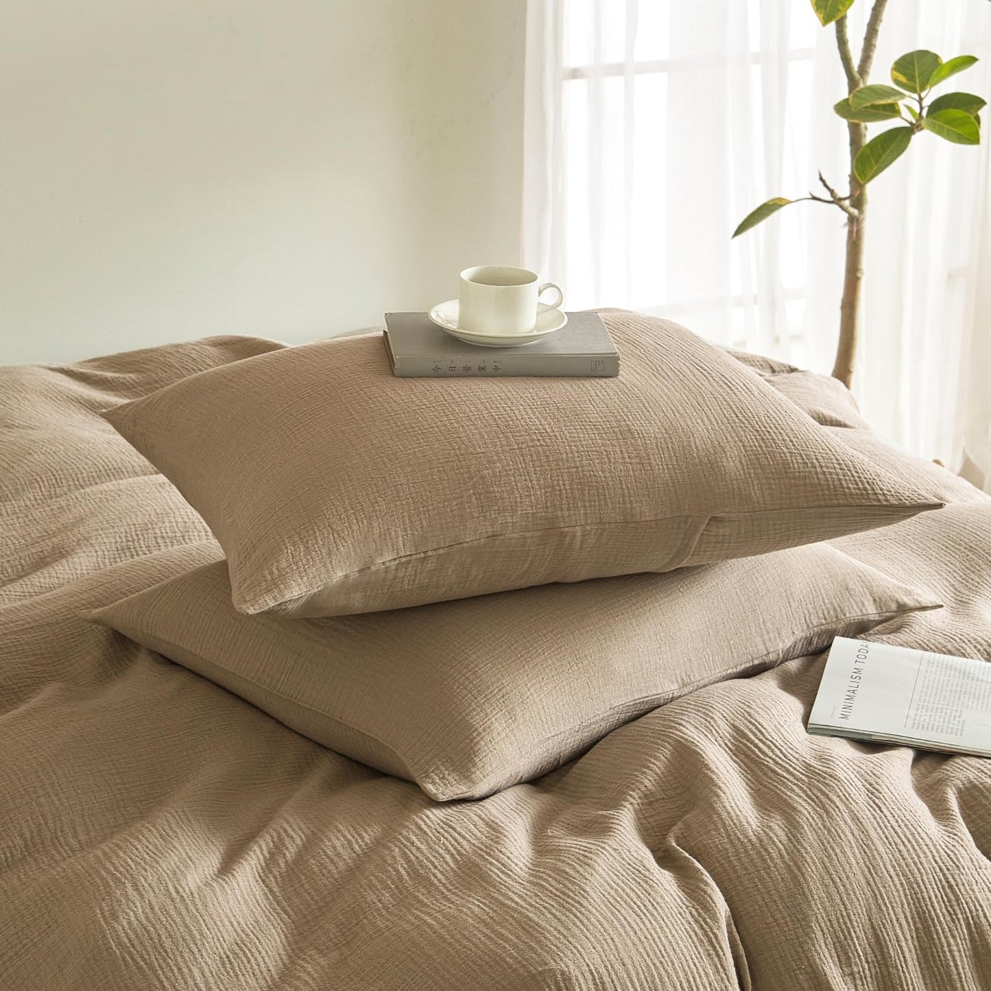 SE SOFTEXLY Muslin Pillowcases Queen Size 100% Cotton, 2 Pack Linen Like Pillow Shams with Envelope Closure, Ultral Soft and Breathable Pillow Case Covers, Light Brown, 20" X 30", No Filling