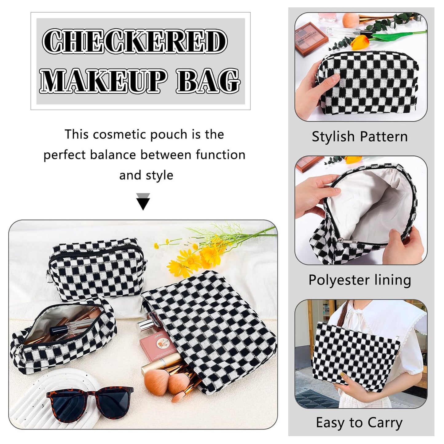 ZLFSRQ 3Pcs Checkered Makeup Bag for Women Large Small Checkered Cosmetic Bag Set Aesthetic Preppy Pencil Case Cute Pencil Pouch Black Makeup Pouch for Purse Travel Toiletry Bags Zipper Skincare Bags