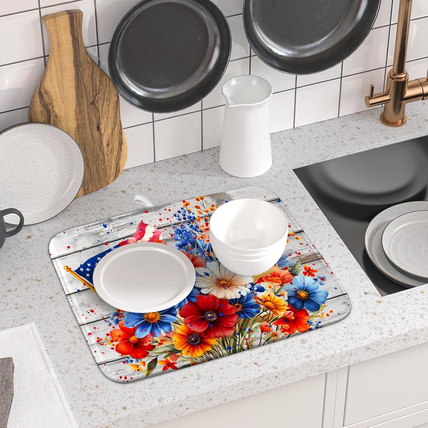 4th of July Dish Drying Mat 16x18 inch Patriotic Floral Fast Dry Microfiber Reversible Dish Drainer Rack Pad Kitchen Counter Accessories