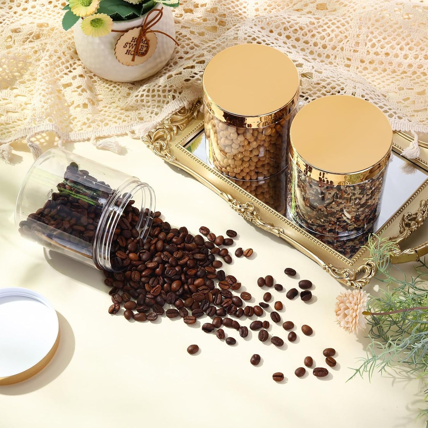 SATINIOR 12 Pack 16 oz Plastic Container Jars with Lids Round Clear Travel Cosmetic Container Slime Jars for Toiletries, Lotion, Cream, Ointments, Makeup, Rhinestone, Samples, Kitchen Storage(Gold)