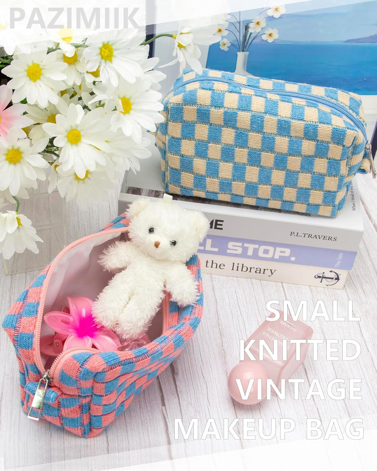 PAZIMIIK Checkered Makeup Bag for Purse Portable Zipper Make Up Pouch Small Cosmetic Case for Travel Red Blue