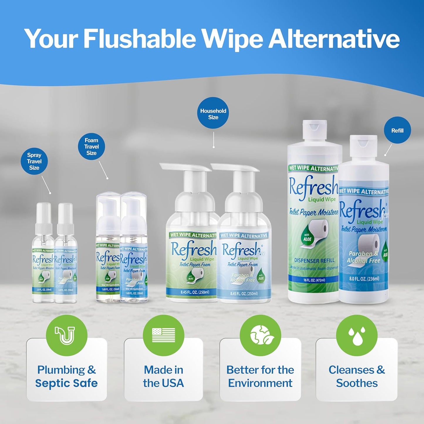 Refresh Liquid Wipe: Toilet Paper Foam. Eco-Friendly Wet Wipe Alternative with Witch Hazel and Aloe. Plumbing and Septic Safe. 250ml/50ml (10.14 Fl Oz Total) Combo Pack