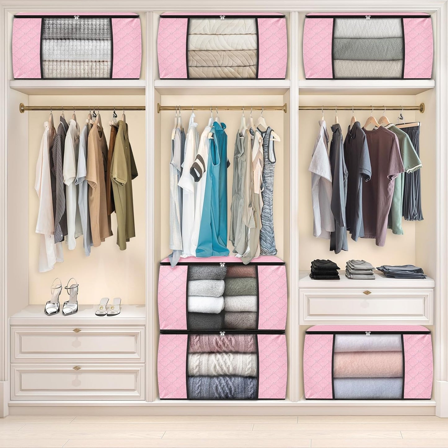 Fab totes 10 Pack Clothes Storage, Foldable Thick Fabric Blanket Storage Bags, Containers for Organizing Bedroom, Closet, Clothing, Comforter, Organization with Handle,Pink