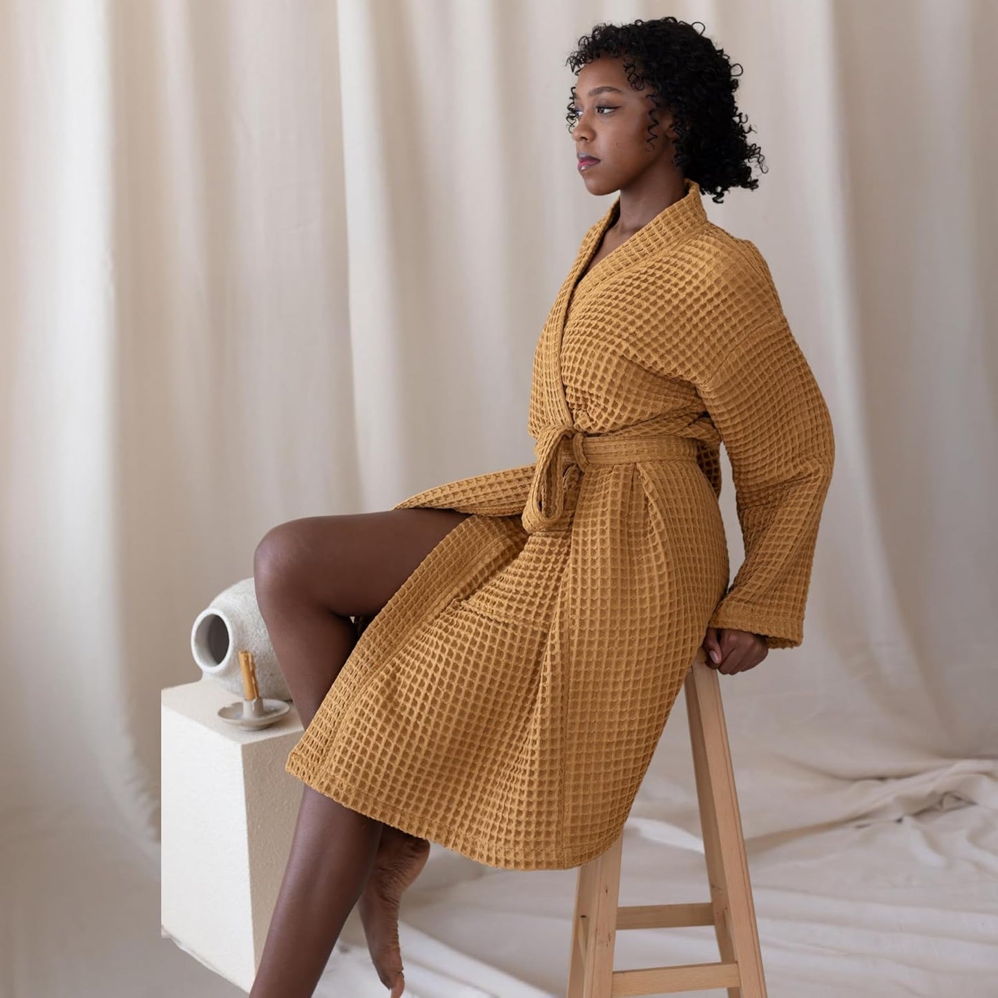 Womens Kimono Waffle Robe - Lightweight 100% Turkish Cotton Housecoat for All-Day Lounging - Bathrobe for Shower