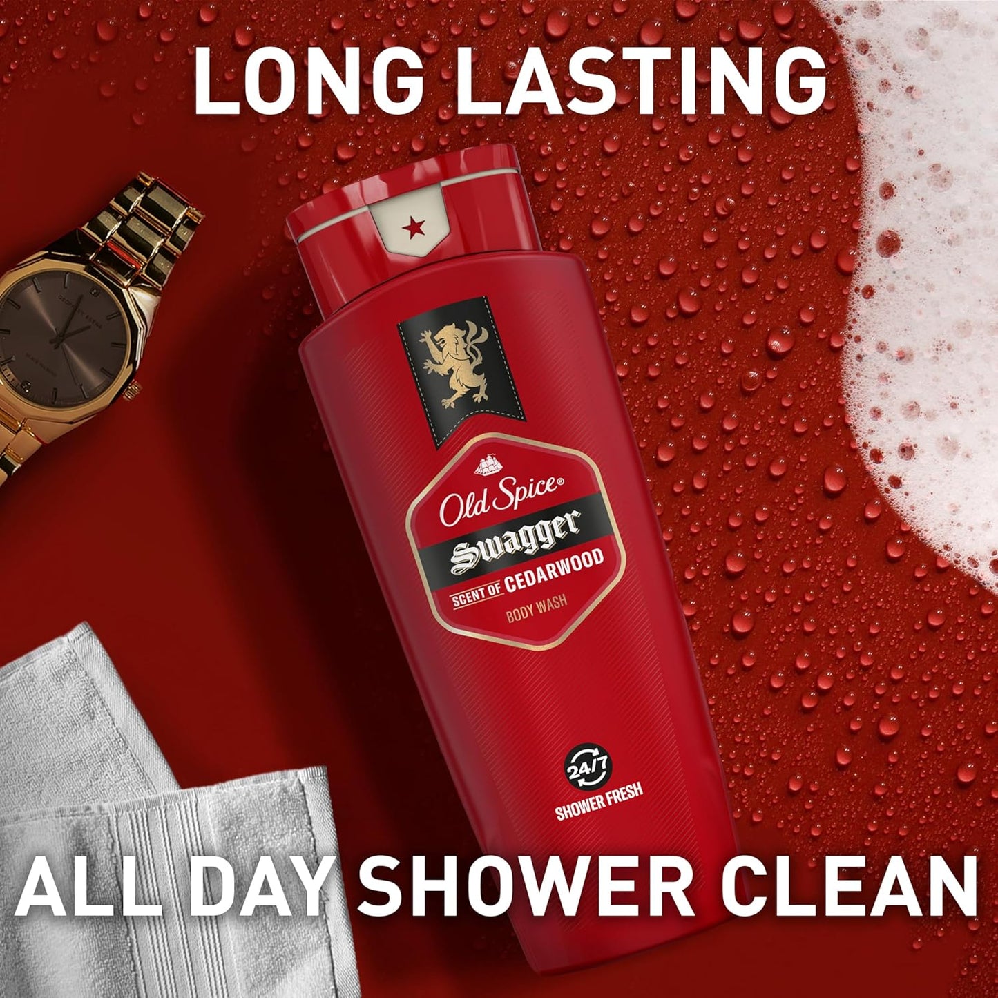 Old Spice Refreshing Body Wash for Men, 3X Defense, 24/7 Shower Fresh with Long Lasting Scent, Red Collection, Swagger with Cedarwood Scent, 16 oz (Pack of 4)