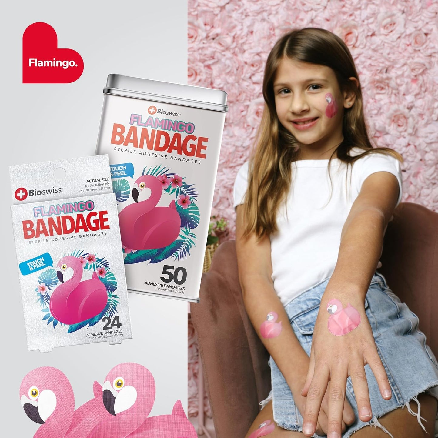 BioSwiss Kids Bandages, Flamingo Shaped Self Adhesive Bandage Set, Latex Free, Sterile Wound Care, 24 Count