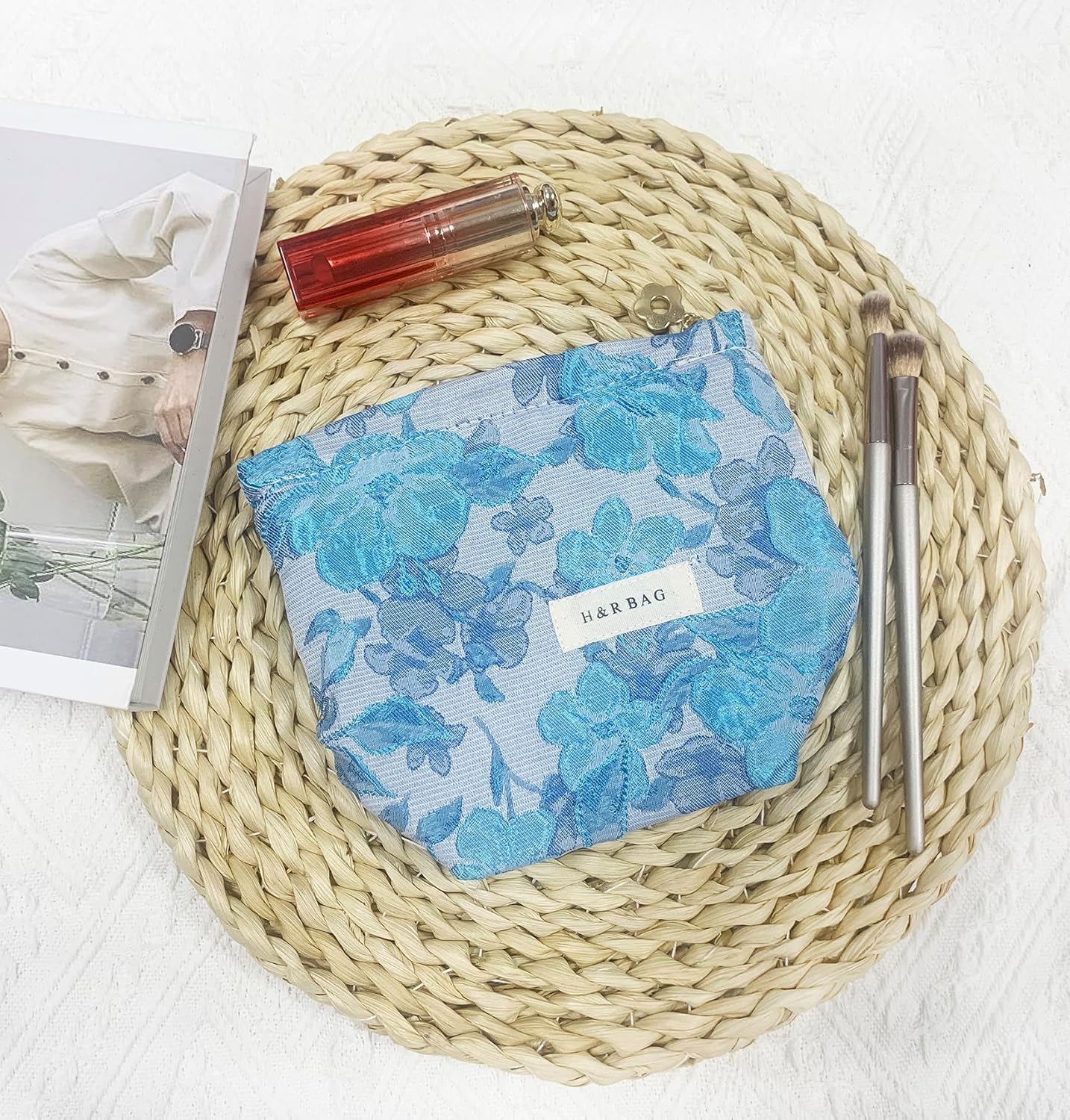 2 Pcs Makeup Bags, Large Cosmetic Bag Travel Toiletry Bag Organizer for Women, Embroidery Craft, Floral Makeup Bag Small Cosmetic Pouch Purse with Zipper Gifts for Girls Teen