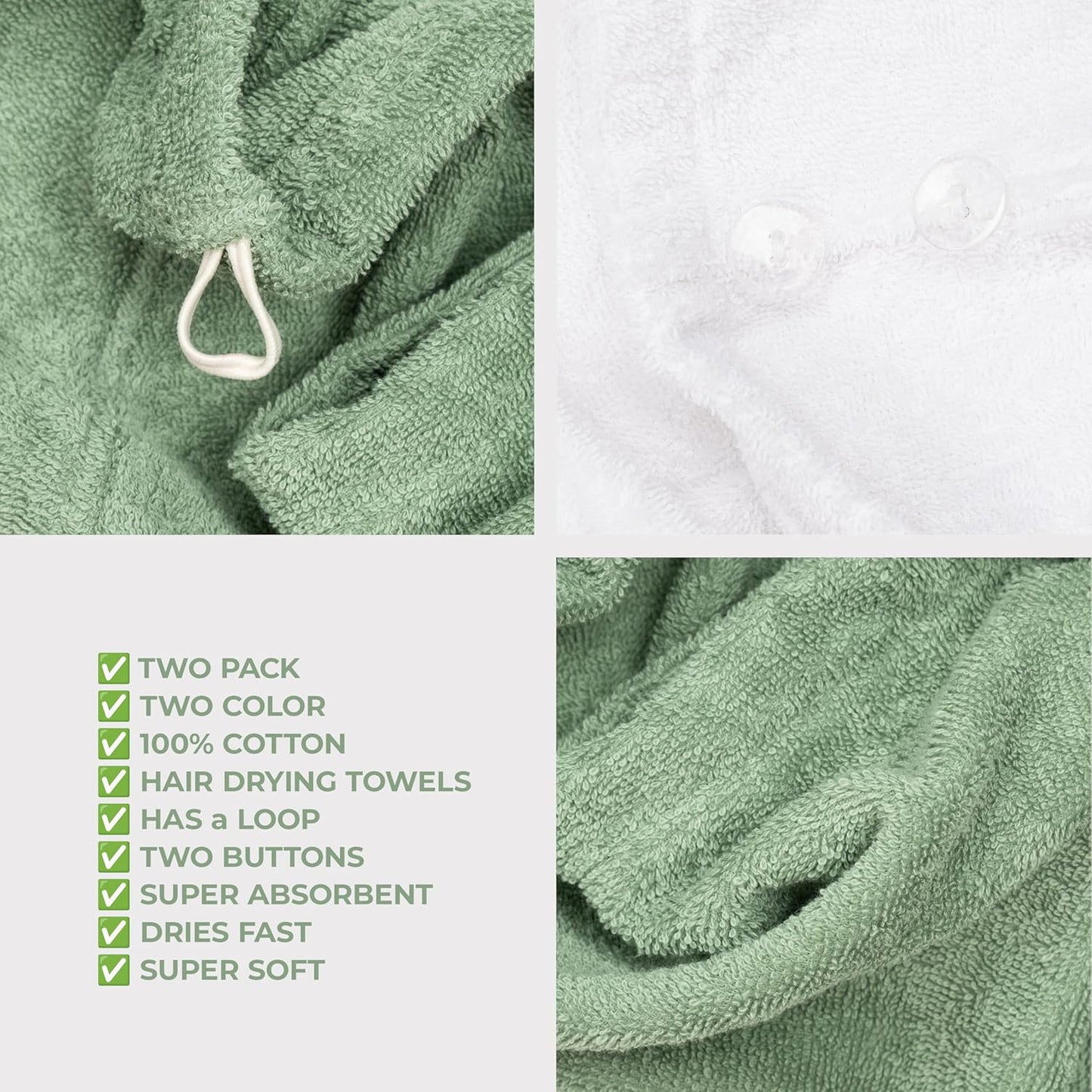 American Soft Linen 100% Cotton Hair Towels for Women, Head Towel Cap, Cotton Hair Turban Towel Wrap for Hair, Soft and Absorbent Cotton Hair Towels 2 Pack, White-Sage Green