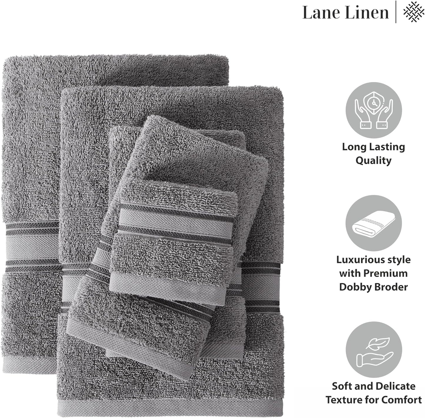 LANE LINEN Luxury Bath Towels Set - 6 Piece, 100% Cotton, Quick Dry, Soft & Absorbent, Zero Twist - 2 Bath Towels, 2 Hand Towels, 2 Washcloths - Cool Grey