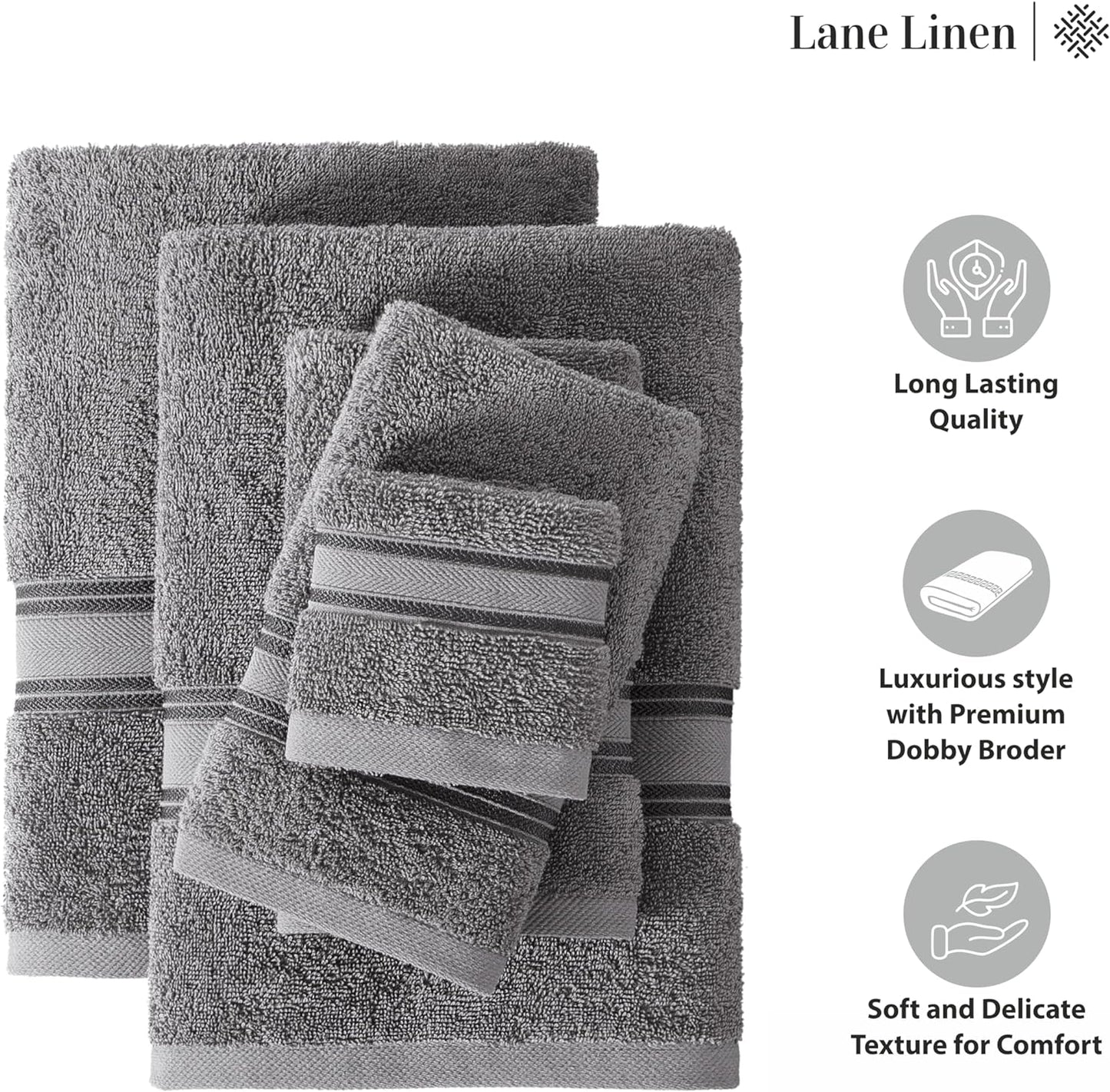 LANE LINEN Luxury Bath Towels Set - 12 Piece, 100% Cotton, Zero Twist, Super Soft & Absorbent, Includes 4 Bath Towels, 4 Hand Towels, 4 Washcloths - Cool Grey