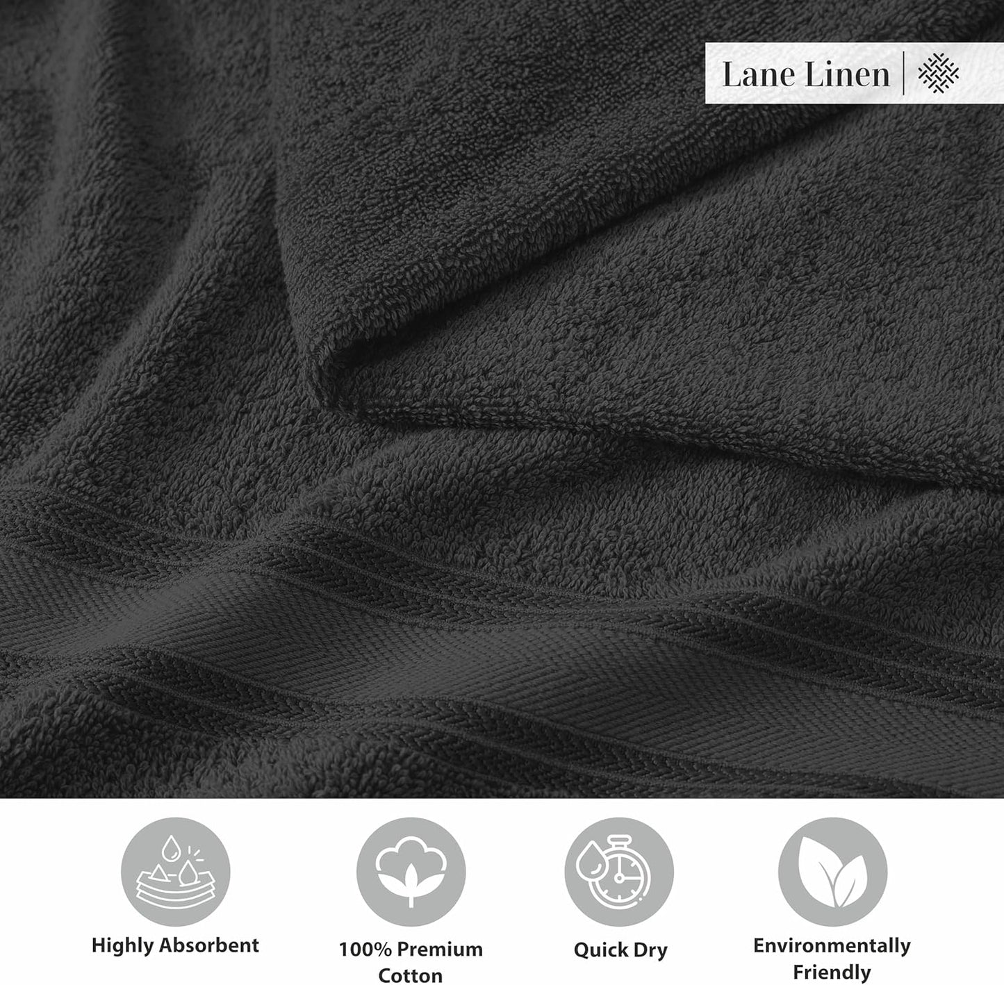 LANE LINEN 100% Cotton Bath Towels 4 Pack (30"x60") - Zero Twist, Mercerized Cotton Large Towel Set for Bathroom - Quick Dry, Soft & Absorbent Large Bath Towel Set - Oeko Tex Certified - Black Towels