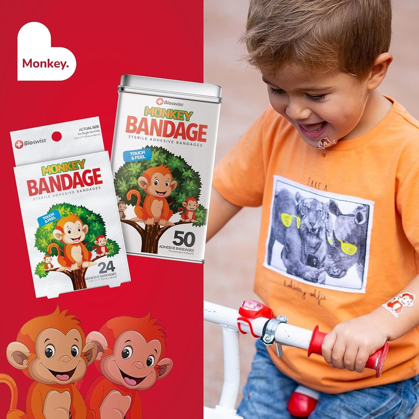 BioSwiss Kids Bandages, Monkey Shaped Self Adhesive Bandage Set, Latex Free, Sterile Wound Care, 24 Count