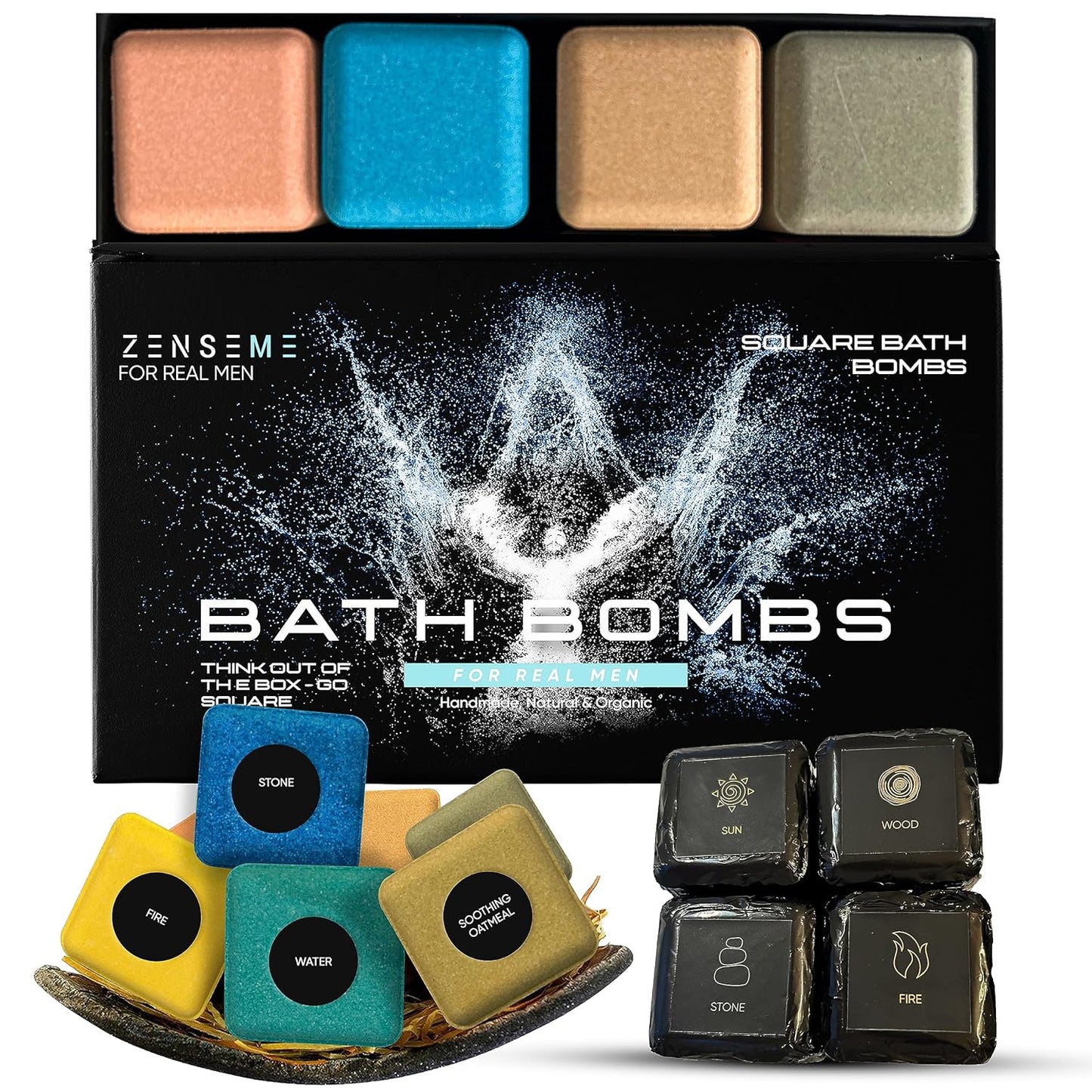 Bath Bombs for Men - Gift Set of 18 Square Shaped Handmade Natural Bath Bombs of 2.5 oz w/Essential Oils, Unique Manly Scents, for Boyfriend, Husband, Father - 18 Pack Square