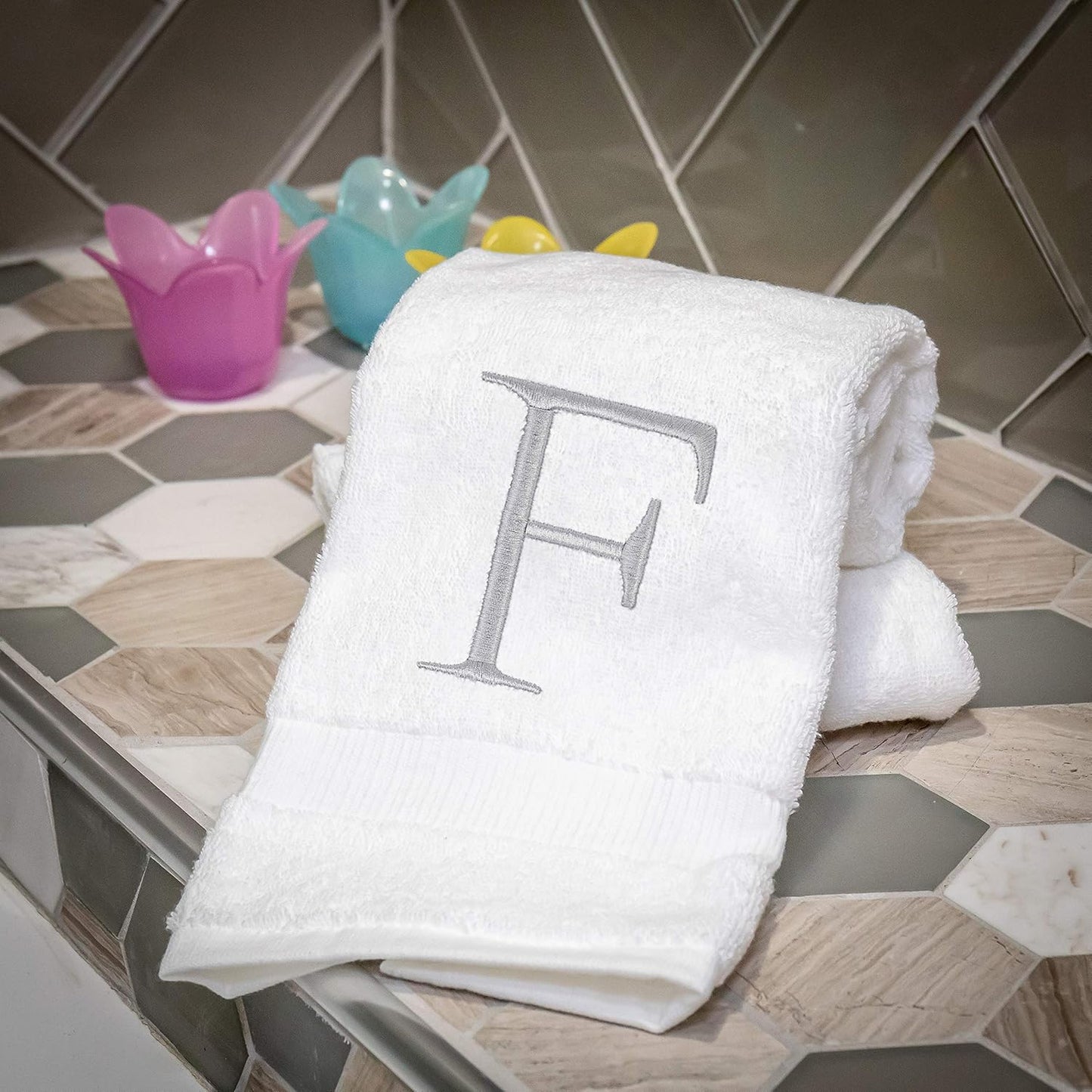Monogrammed Hand Towels for Bathroom - Luxury Hotel Quality Personalized Initial Decorative Embroidered Bath Towel for Powder Room, Spa - GOTS Organic Certified - Set of 2 Letter F