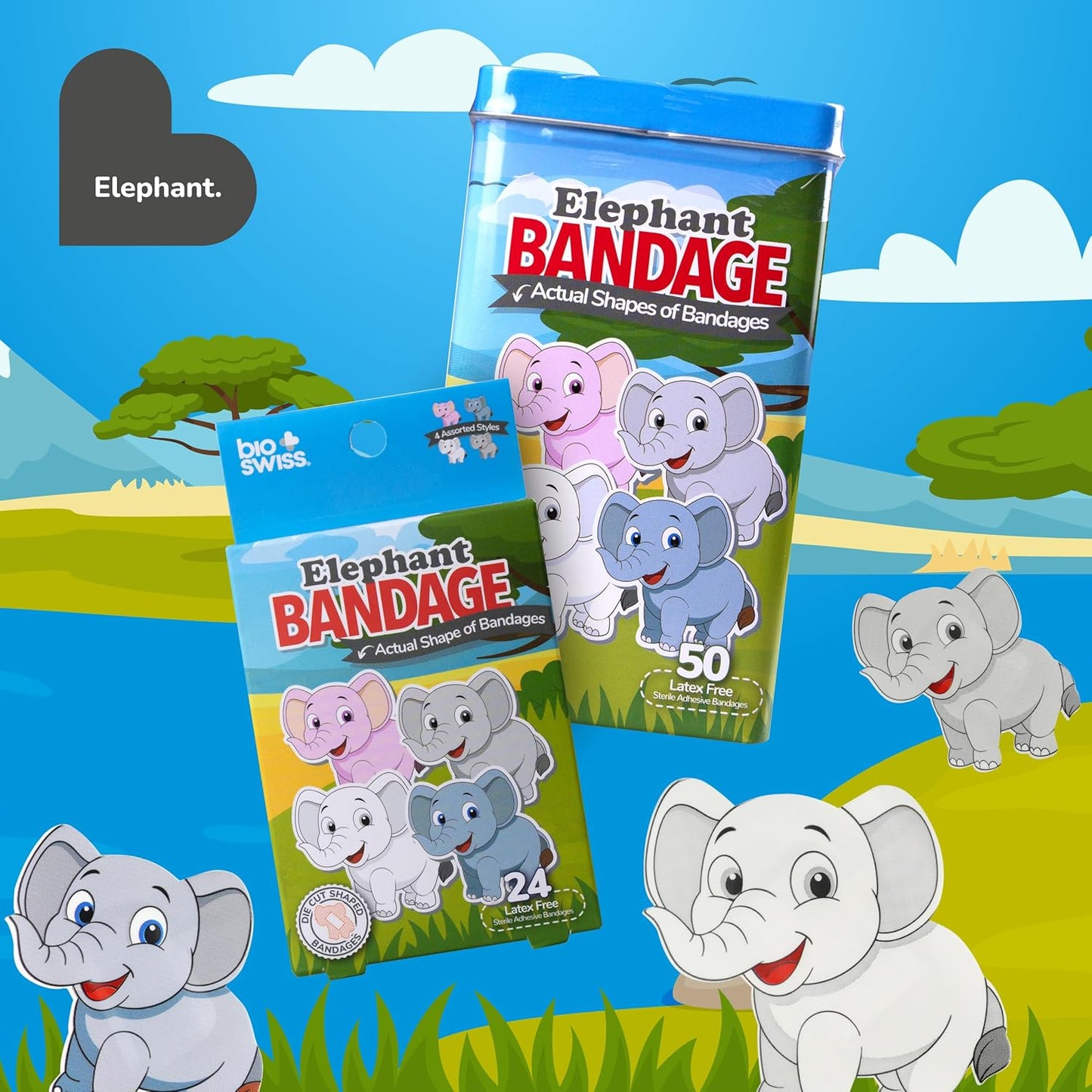 BioSwiss Kids Bandages, Elephant Shaped Self Adhesive Bandage, Latex Free, Sterile Wound Care, 24 Count