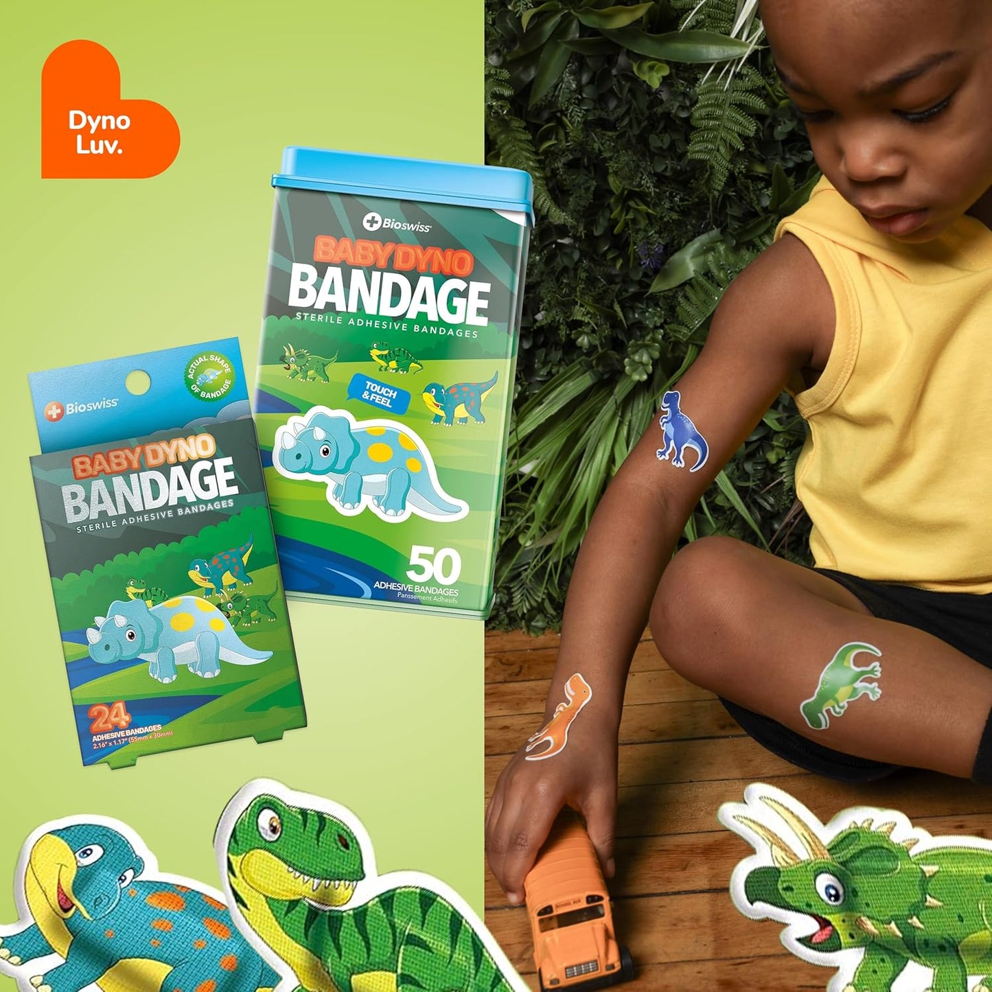 BioSwiss Kids Bandages, Baby Dino Shaped Self Adhesive Bandage Set, Latex Free, Sterile Wound Care, 24 Count