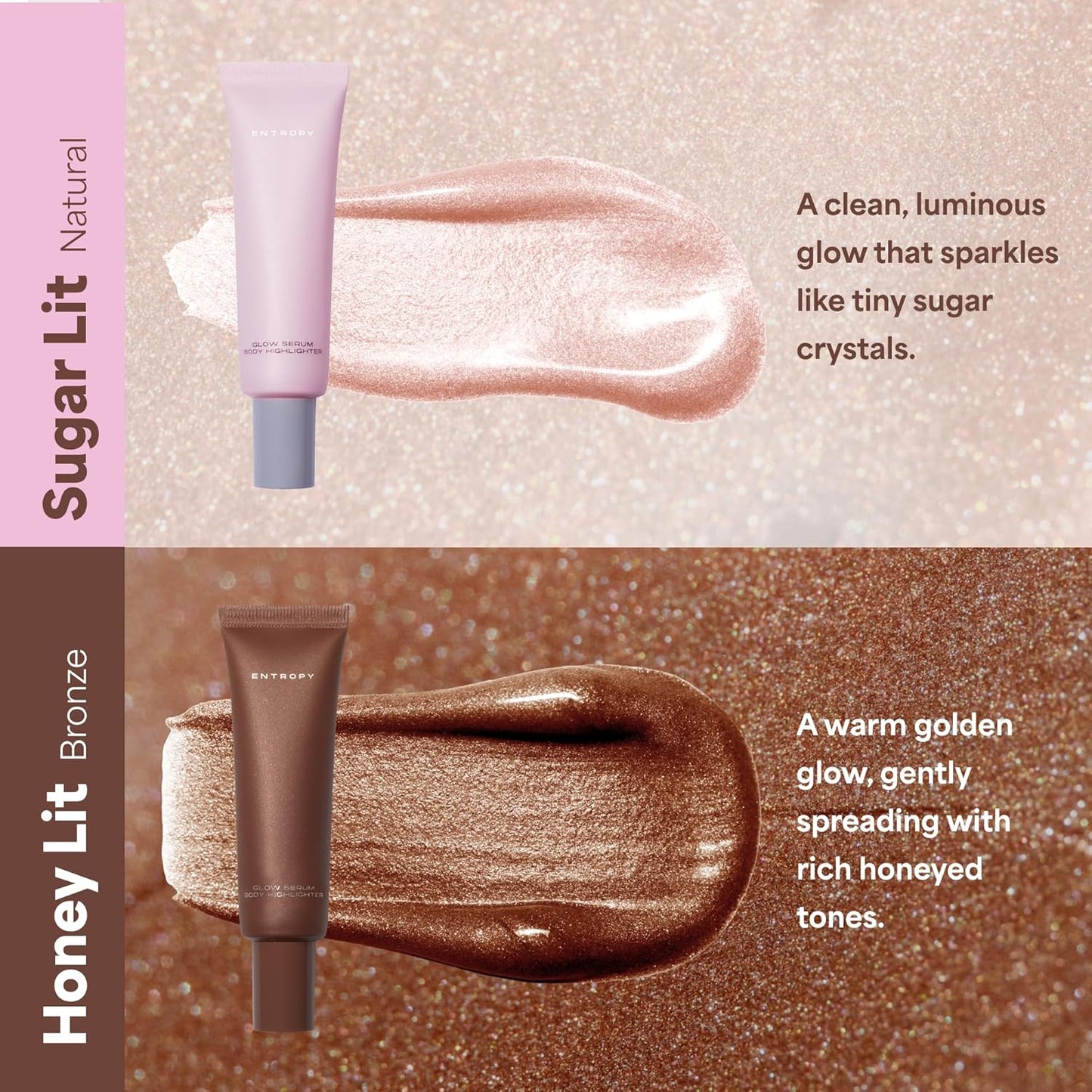 ENTROPY MAKEUP Glow Serum Body Highlighter, 75% Water-Rich Serum with Skincare Ingrediants, Buildable Radiance, Silky Lightweight for Face & Body, Crystal Pink Luminizer, Sugar Lit