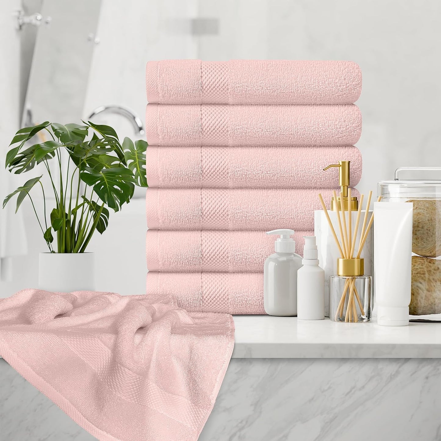 White Classic Luxury Pink Hand Towels - Soft 100% Turkish Cotton | Highly Absorbent Hotel spa Bathroom Towel Collection | 16x30 Inch | Set of 6