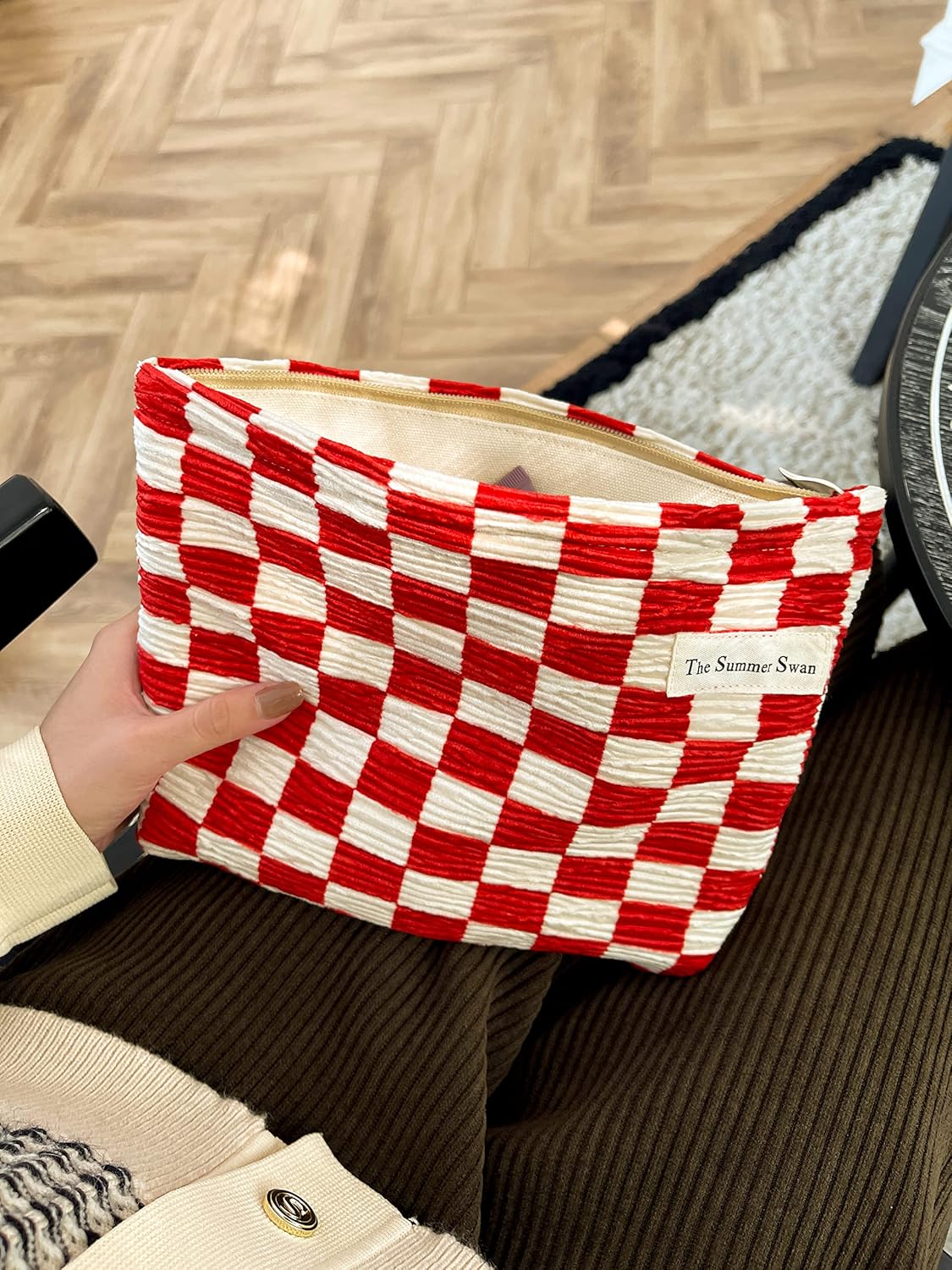 The Summer Swan | Large Aesthetic | Checkered Makeup Bag | Pencil Pouch | Period Kit Bag | Hygiene Bag | Skincare Bag | Cute Makeup Bag (Checkered Red & White)