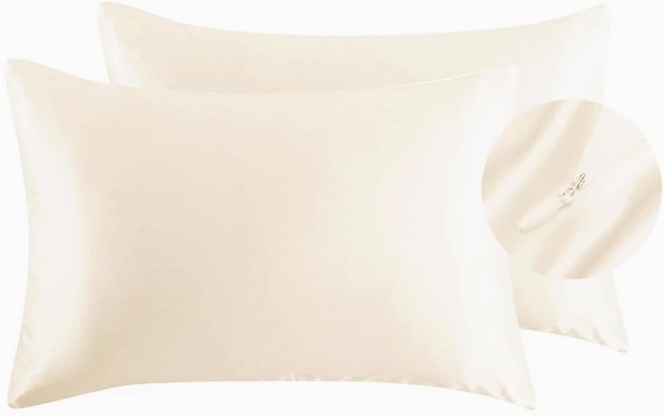 Juwenin Bedding,Luxury Satin Pillowcase with Zipper (Silky Satin Pillow Case for Hair) Set of 2 (Beige, King(20''x36'))