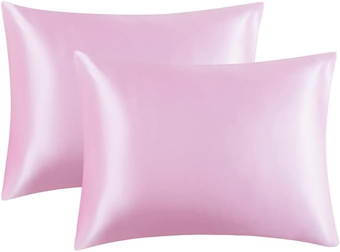 JUWENIN,Luxury Satin Pillowcase with Zipper (Silky Satin Pillow Case for Hair) Set of 2 (Queen, Pink)