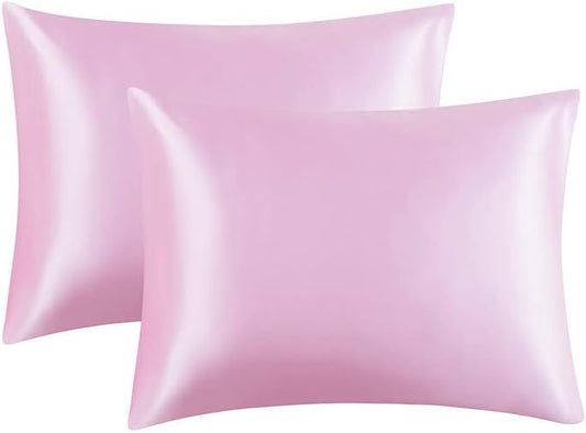 JUWENIN,Luxury Satin Pillowcase with Zipper (Silky Satin Pillow Case for Hair) Set of 2 (Queen, Pink)
