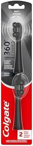 Colgate 360 Power Charcoal Toothbrush Heads | Soft Bristles | Rubber Polisher | For 360 Battery Toothbrush | Pack of 12