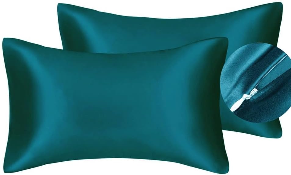 Juwenin Bedding,Super Soft and Luxury Silky Satin Pillowcase with Zipper (Silky Satin Pillow Case for Hair) Set of 2 (Teal, Standard(20''x26''))
