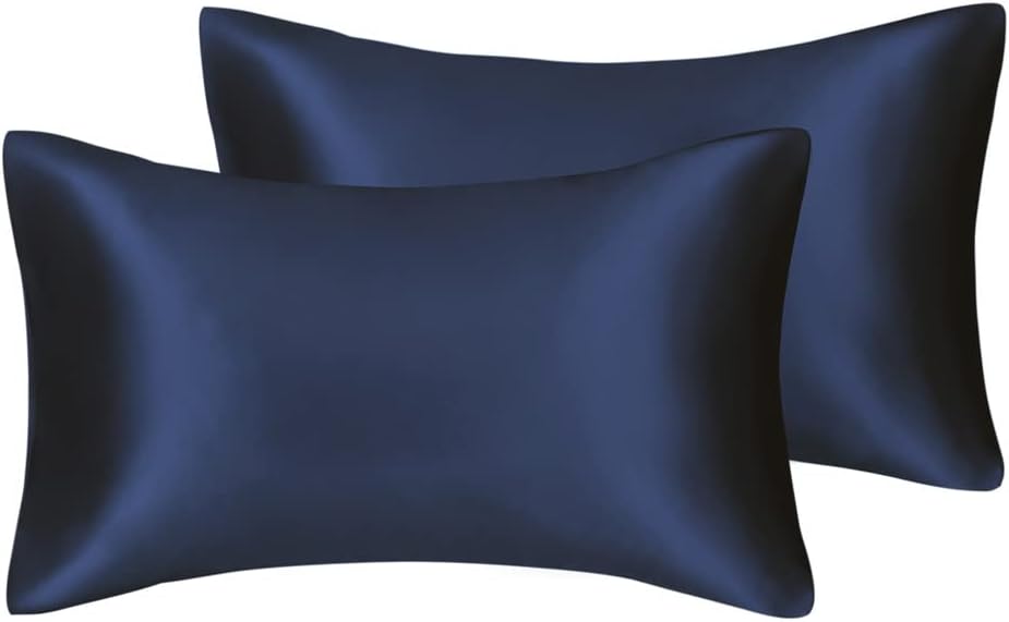 JUWENIN,Luxury Satin Pillowcase with Zipper (Silky Satin Pillow Case for Hair) Set of 2 (Standard, Navy)