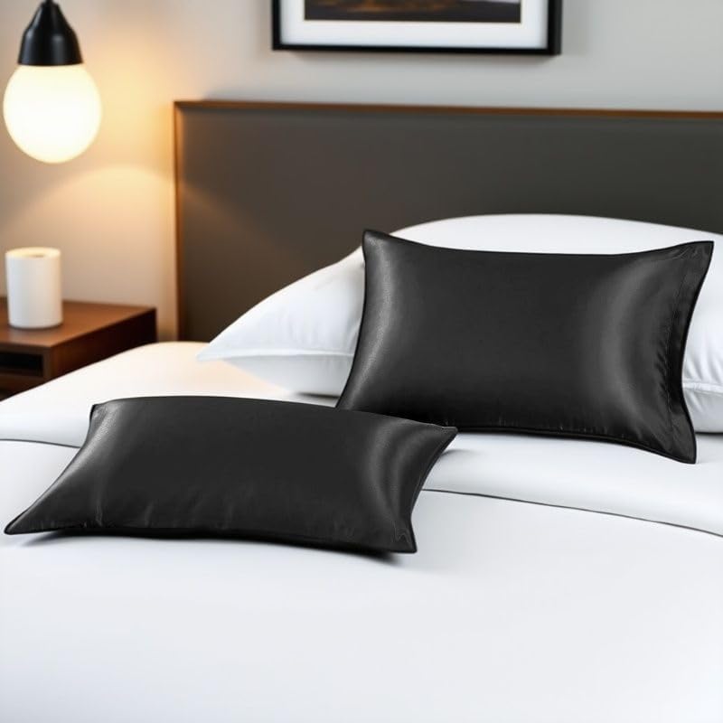 Juwenin Bedding,Super Soft and Luxury Silky Satin Pillowcase (Silky Satin Pillow Case for Hair) Set of 2 (Black, King (20'x40'))