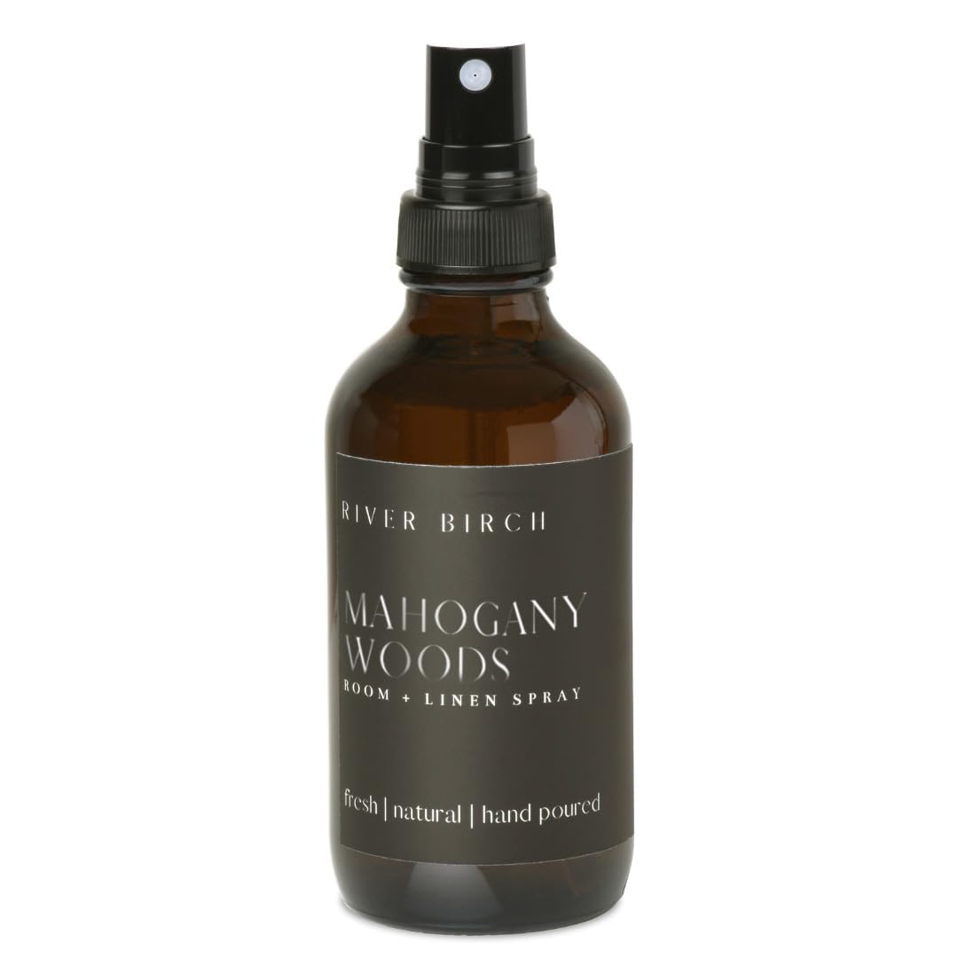 River Birch Mahogany Woods Scented Linen and Room Spray | Home Fragrance | 4 oz Glass Amber Bottle | Luxury Signature Scent | Handmade in Texas