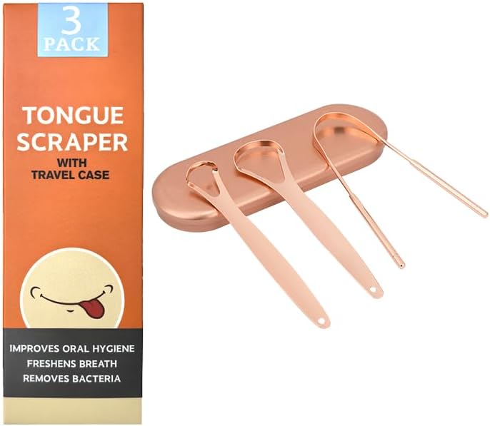 3-Pack Tongue Scraper Set for Adults (Rose Gold) with Travel Case, Reduce Bad Breath, Metal Tongue Scraper, Tongue Cleaner, Tongue Scraper, Tongue
