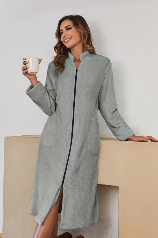 Ekouaer Women's Zip Up Robe Fleece Bathrobe Long Zipper Lounger Warm Housecoat Long Sleeve Nightgown with Pockets S-XXL