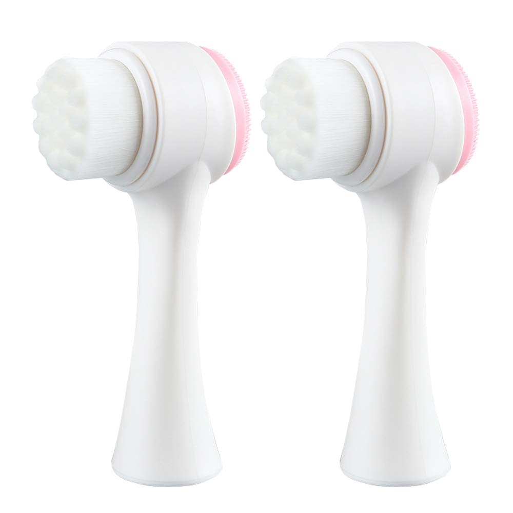 Double Sides Face Brushs, 3D Stand Vertical Silicone Facial Wash Brush, 2 in 1 Facial Cleansing Brush Manual Dual-Action Face Brush for Sensitive, Delicate, Dry Skins (2Pack/Pink)