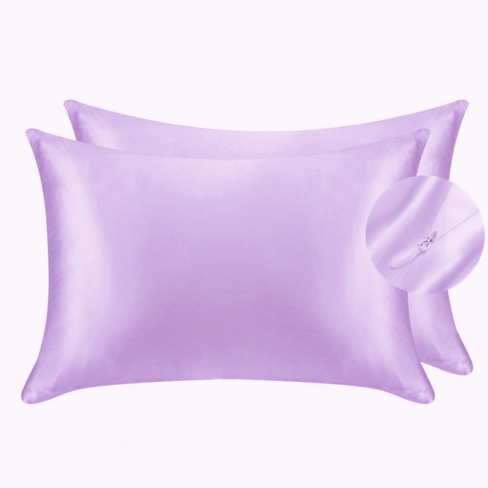 Juwenin Bedding,Luxury Satin Pillowcase with Zipper (Silky Satin Pillow Case for Hair) Set of 2 (Lavender, King(20''x36'))
