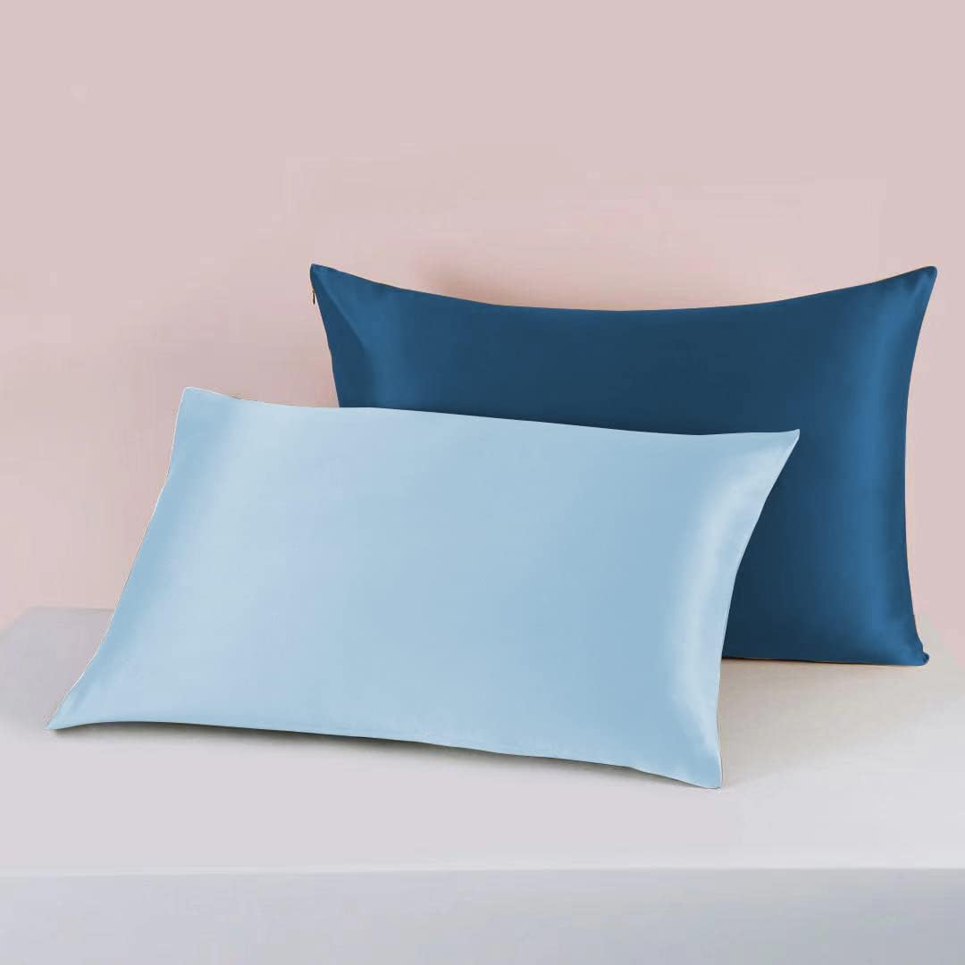 25 Momme Premium Mulberry Blue Silk Pillowcase for Hair and Skin | Handcrafted Hypoallergenic & Anti-Acne Silk Pillow Cases with Zipper | Standard - 20" x 26", Ocean