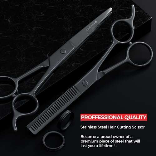 Suvorna 6.5" Professional Hair Scissors Set with Thinning Shears for Hair Dressers, Barbers and Professionals - Extremely Sharp Hair Cutting Scissors Set for Thinning, Layering and Cutting (Black)