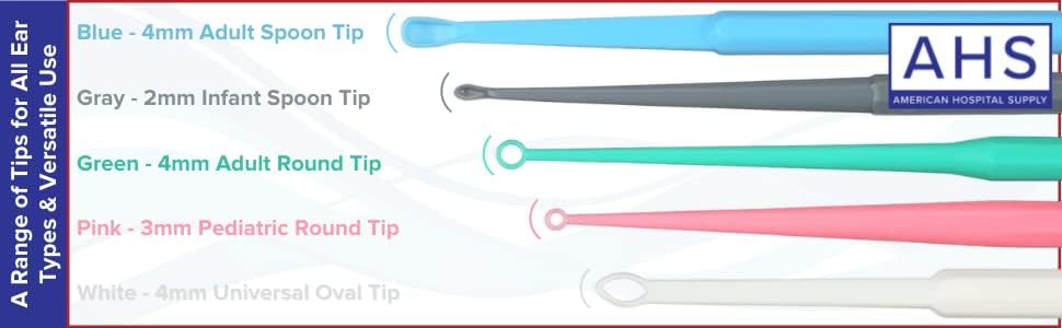 American Hospital Supply Ear Curettes | Ear Pick Wax Removal Tool Cleaner | Individually Wrapped Plastic Ear Cleaner Tools for Teens Adult Pack of 75 (15 of Each Tip Style)