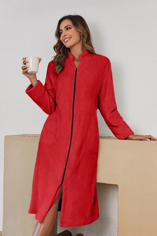 Ekouaer Women's Zip Up Robe Fleece Bathrobe Long Zipper Lounger Warm Housecoat Long Sleeve Nightgown with Pockets S-XXL